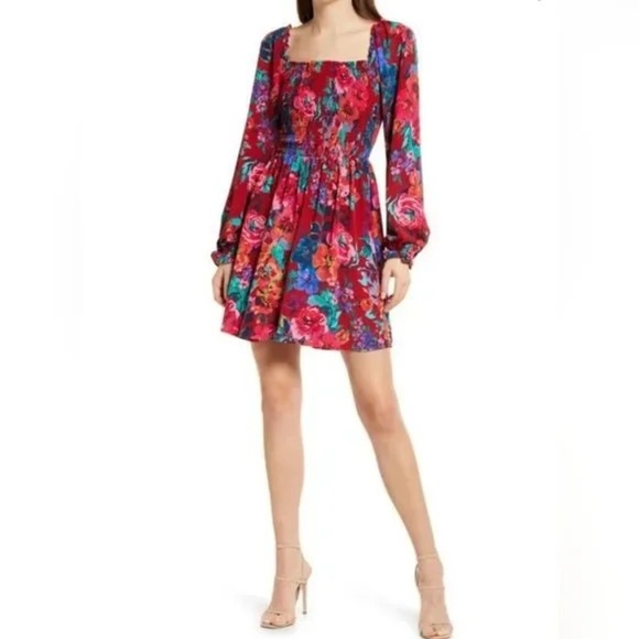 REVOLVE Charles Henry Floral Print Smocked Long Sleeve Mini Dress in Burgundy L - Picture 2 of 6